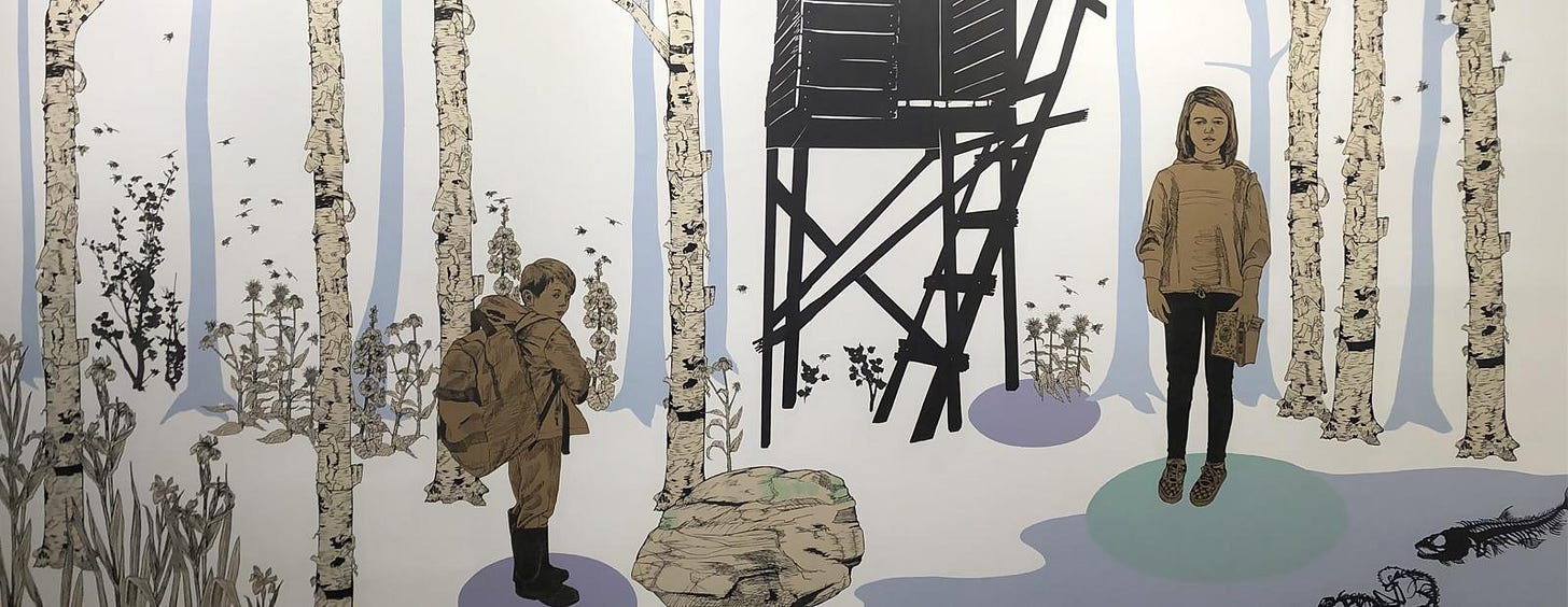 Exhibition: Keeping Time - an example of the art technique used, painted imagery with woodcut and linocut prints, paper-cuts and hand-cut birch panels composed in the shallow relief of a stage set.