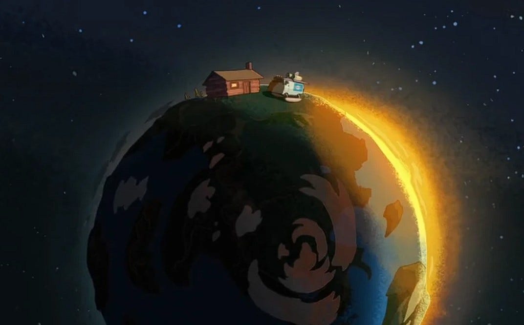 Rick's spaceship and a small house sit atop the curved surface of Tiny Earth at sunset, emphasizing the planet's extremely small size as it floats in space.