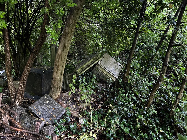 Gravestones upended by mass overgrowth