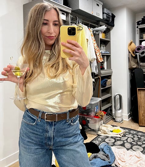 a photo of embroidery, a photo of rachel karten holding a martini, a photo of a plate with beed tenderloin, baked potato, and spinach