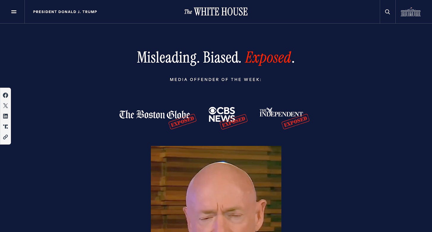 The White House page, title "Misleading. Biased. Exposed", last word in italics and red. Caption reading: "media offenders of the week", underneath it, logos of several media outlets with large "Exposed" stamps over them. The logos are: The Boston Globe