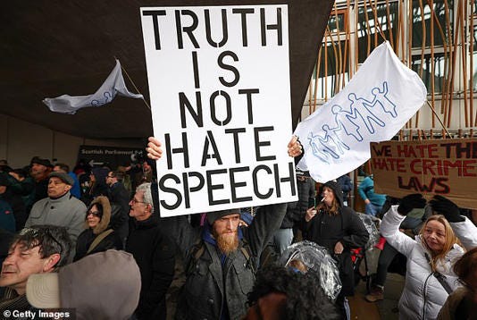 Protesters at a protest against the new Hate Crime Act in Edinburgh on April 1. Police say over 7,700 reports were made in the first week, including 7,152 reports of online hate Protesters at a protest against the new Hate Crime Act in Edinburgh on April 1. Police say over 7,700 reports were made in the first week, including 7,152 reports of online hate