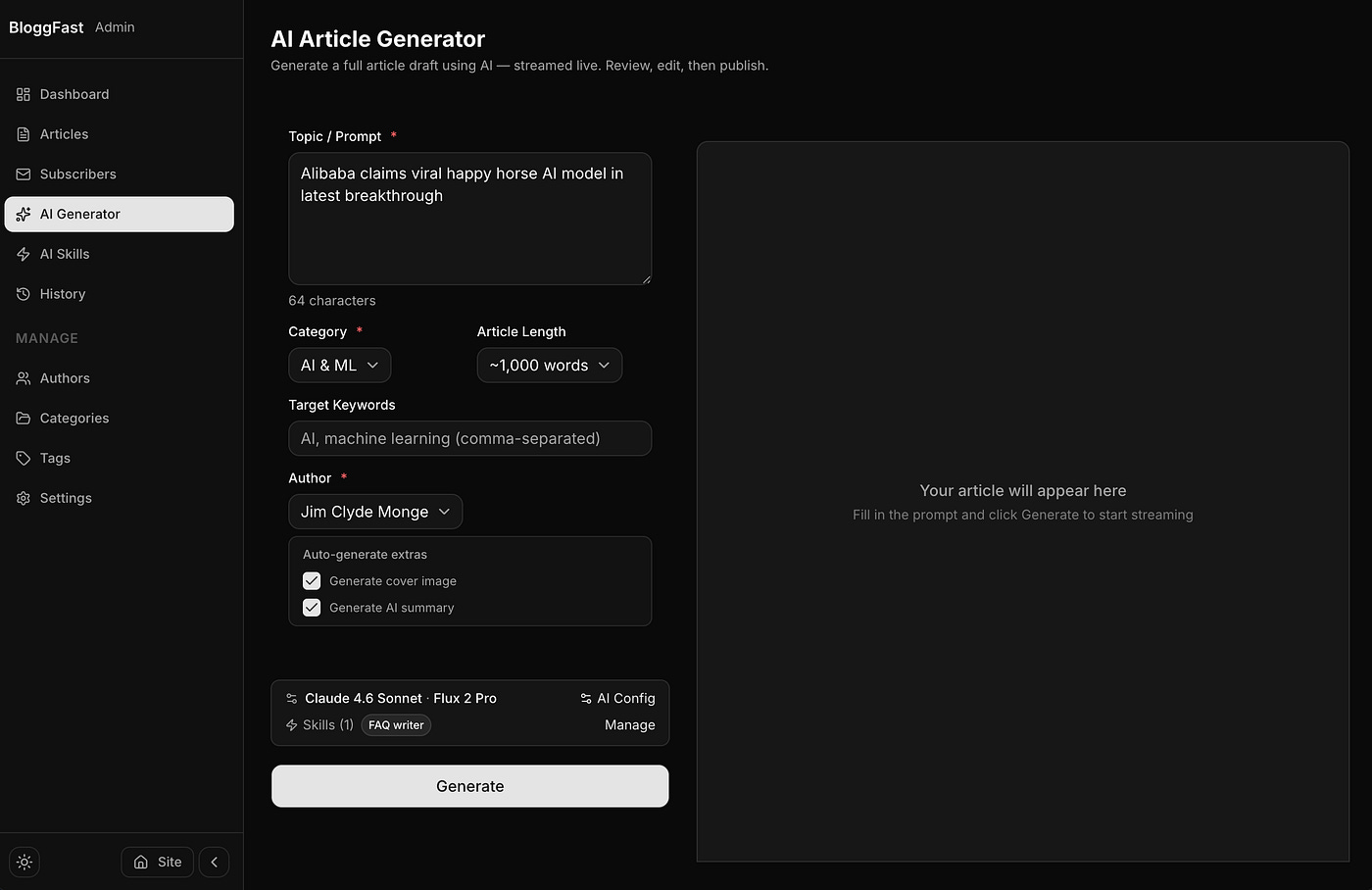 BloggFast AI generator page. Image by Jim Clyde Monge