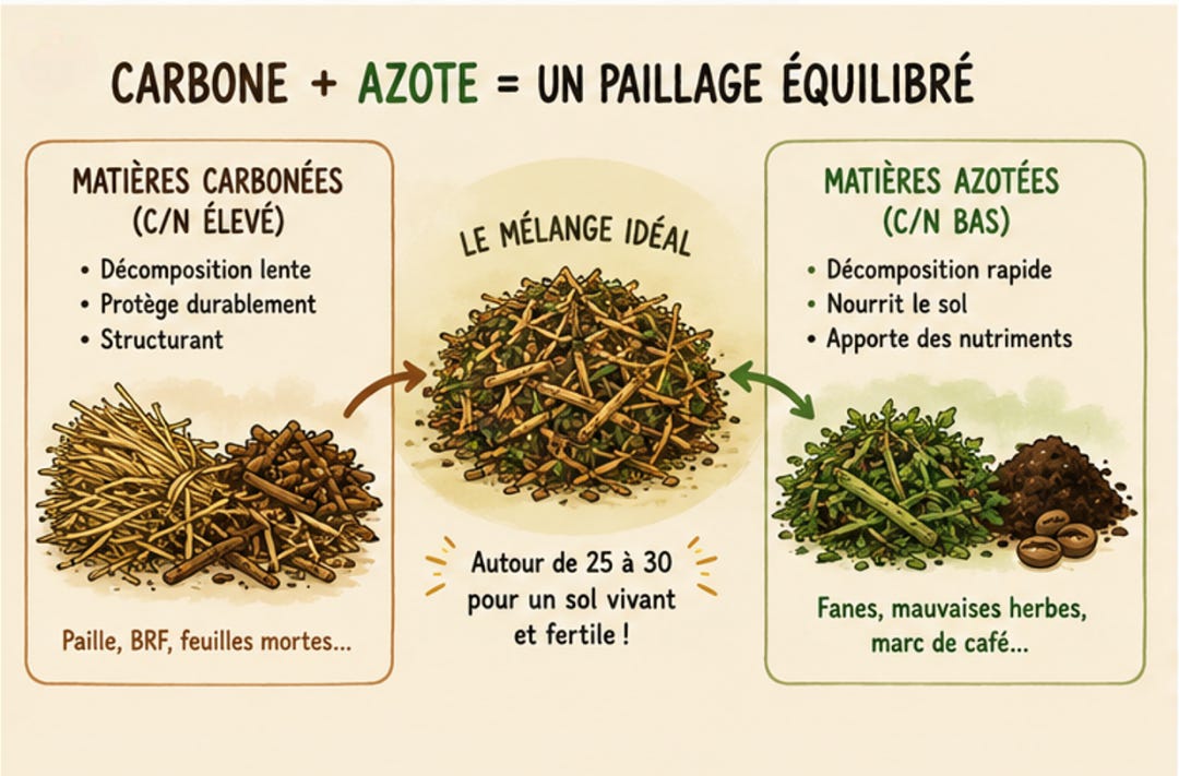Mélanger un paillage riche en azote et un paillage riche en carbone