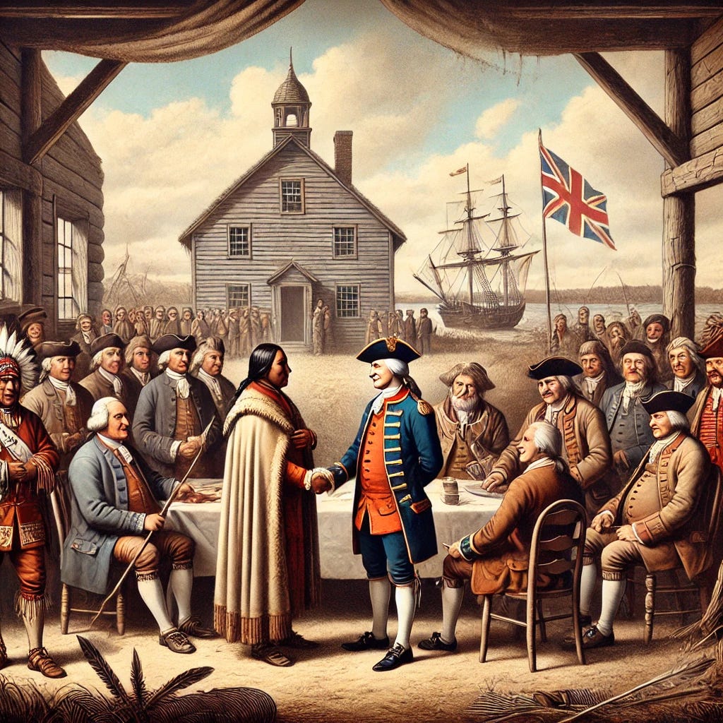 A historical illustration representing the 1752 Treaty of Peace and Friendship. The scene includes a Mi’kmaq chief and a British colonial governor engaging in treaty negotiations, surrounded by Mi’kmaq community members and British officials. The setting is a rustic colonial backdrop with a trading post in the distance, symbolizing the truckhouse system mentioned in the treaty. The mood is formal but neutral, capturing the significance of the agreement.