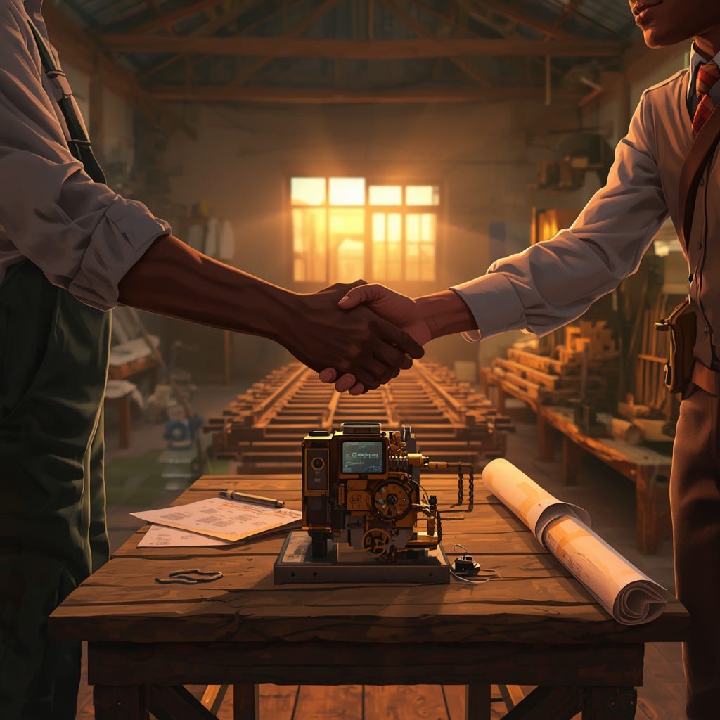 A cinematic digital illustration of a handover moment in a warm African workshop interior at golden hour. In the foreground, two pairs of hands meet over a wooden workbench. One pair belongs to an African builder in worn overalls who has just finished assembling a complex piece of infrastructure (a small intricate mechanical model resembling a railway switch, a payment terminal, or a compact engine, visible on the bench between them). The other pair belongs to a figure in a slightly different dress code (a tailored shirt, a leather satchel partially visible), who is receiving the piece with care and respect. Both faces are partially visible, expressing mutual recognition. Around them, the workshop is alive with finished work, half-built rails, blueprints rolled at the edges, and a window letting in warm late light. The handover is the focal point of the image. Mood: dignified, structural, hopeful, a moment of completion and continuation. Semi-realistic Pixar-meets-realism style, ultra-detailed textures on the metalwork and the hands. Rich warm palette: burnt sienna, deep gold, sage green, terracotta, deep umber. Cinematic widescreen composition. High-end editorial illustration, artstation quality. No text, no signage, no logos. A cinematic digital illustration of a handover moment in a warm African workshop interior at golden hour. In the foreground, two pairs of hands meet over a wooden workbench. One pair belongs to an African builder in worn overalls who has just finished assembling a complex piece of infrastructure (a small intricate mechanical model resembling a railway switch, a payment terminal, or a compact engine, visible on the bench between them). The other pair belongs to a figure in a slightly different dress code (a tailored shirt, a leather satchel partially visible), who is receiving the piece with care and respect. Both faces are partially visible, expressing mutual recognition. Around them, the workshop is alive with finished work, half-built rails, blueprints rolled at the edges, and a window letting in warm late light. The handover is the focal point of the image. Mood: dignified, structural, hopeful, a moment of completion and continuation. Semi-realistic Pixar-meets-realism style, ultra-detailed textures on the metalwork and the hands. Rich warm palette: burnt sienna, deep gold, sage green, terracotta, deep umber. Cinematic widescreen composition. High-end editorial illustration, artstation quality. No text, no signage, no logos.