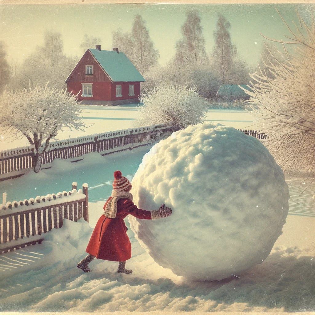 A large snowball being rolled around a snowy yard, depicted with a retro aesthetic. The scene includes a frosty landscape with snow-covered trees and a small wooden fence. The snowball is nearly the size of a person, who is playfully pushing it. The person is wearing a vintage red winter coat, a knitted hat, and mittens. The setting evokes a nostalgic, mid-20th century feel, with soft colors and a slightly faded look.