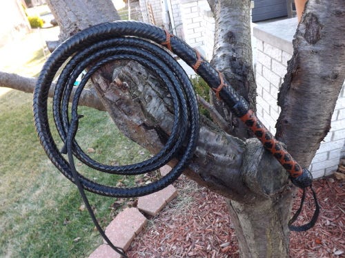 Black & Distressed Brown 8 Foot Kangaroo Chain Link & Barbed Wire Bull Whip – DD's Braided Leather Designs Black & Distressed Brown 8 Foot Kangaroo Chain Link & Barbed Wire Bull Whip – DD's Braided Leather Designs