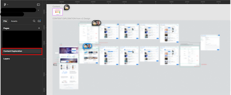A section of Figma highlighting the left panel. The page called content explorations is outlined in red for emphasis. A section of Figma highlighting the left panel. The page called content explorations is outlined in red for emphasis.