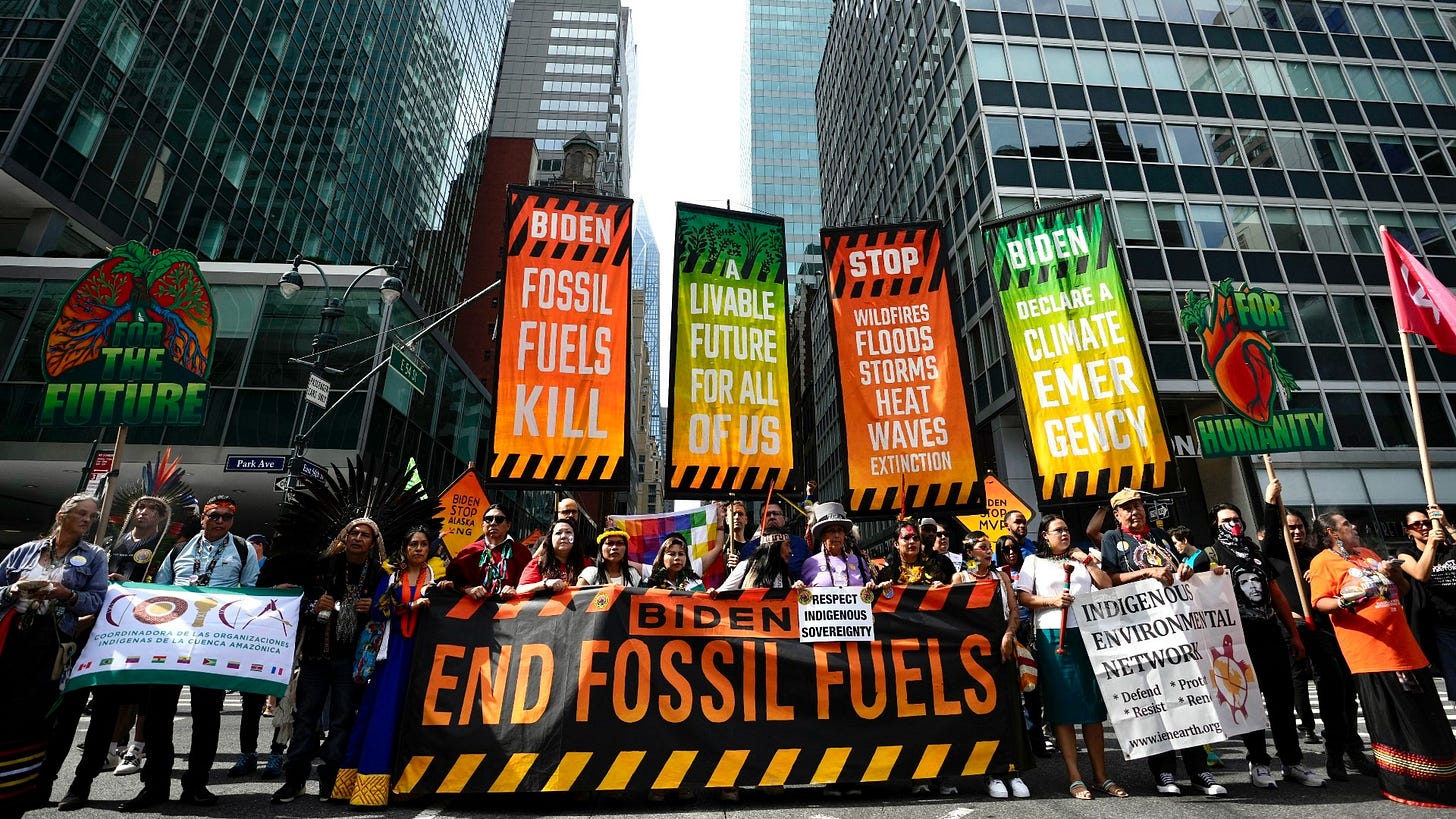 Picture of NYC protesters holding colorful, preofessional banners high.
