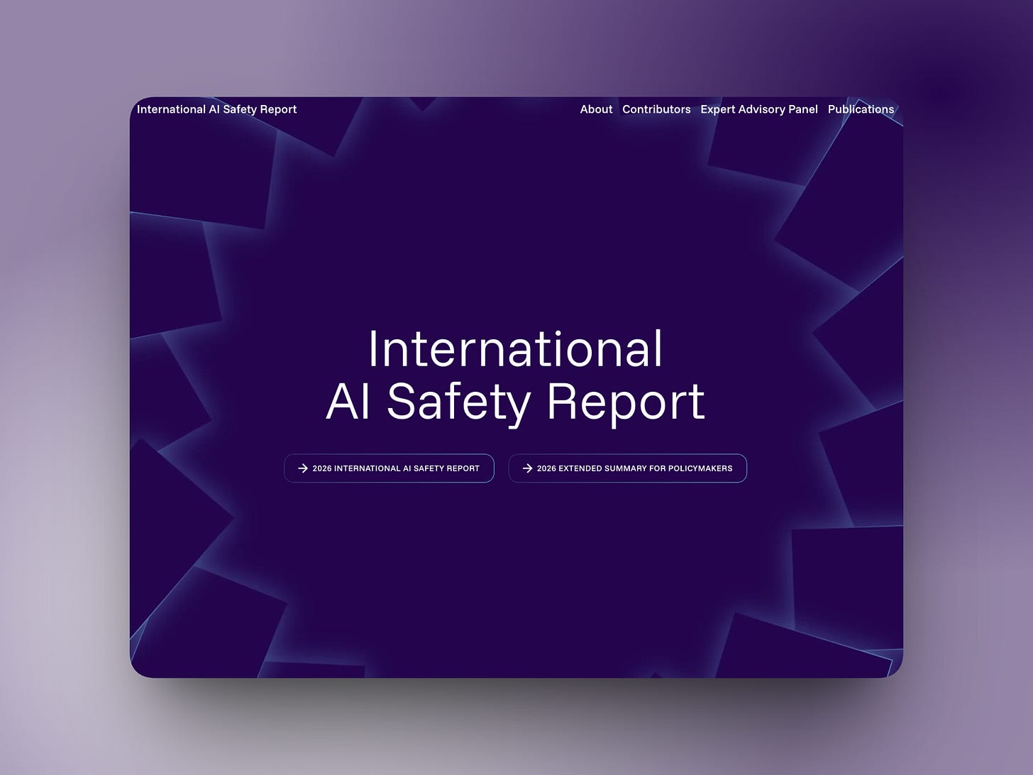 Website homepage for International AI Safety Report with navigation menu and report download buttons.