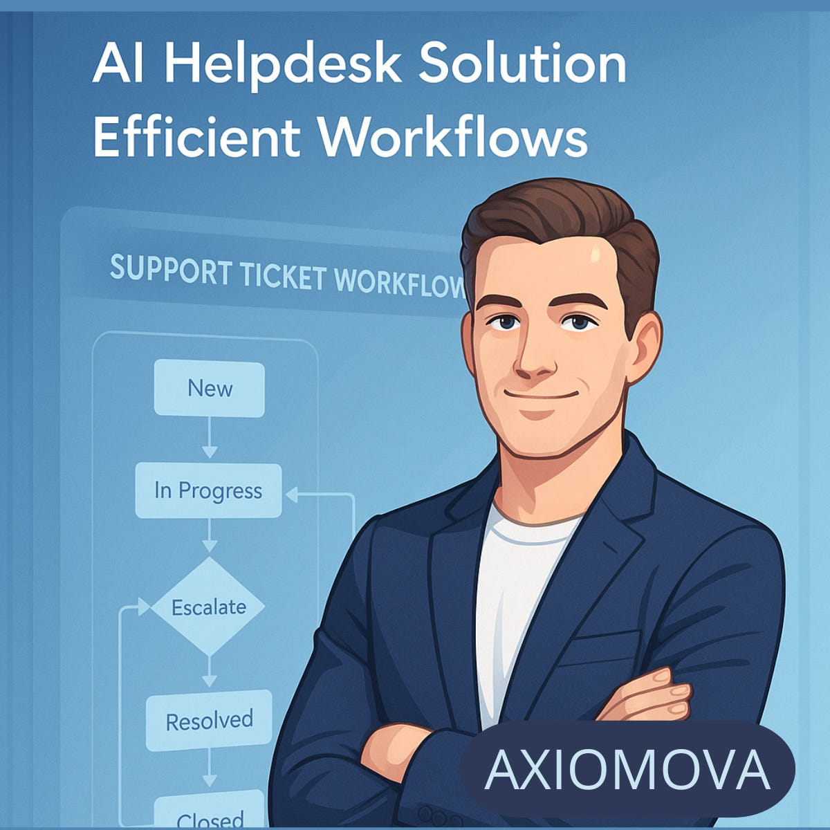 Illustration of a confident business professional standing in front of a digital support ticket workflow, with the text “AI Helpdesk Solution – Efficient Workflows” and a badge reading “AXIOMOVA.” The visual represents Axiomova’s AI agent designed for streamlining support operations in facilities management.
