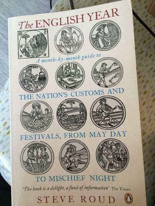 Front cover, illustrated with woodcuts of strange customs, of Steve Roud’s The English Year, a month-by-month guide to the nation’s customs and festivals, from May Day to mischief night