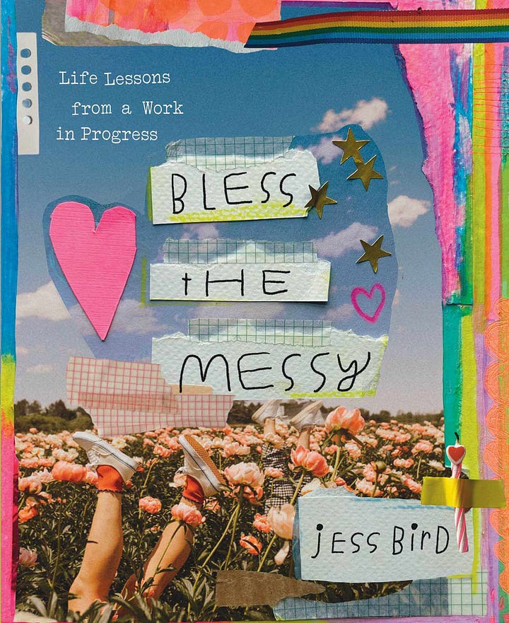 A mixed media book cover titled "Bless the Messy" by Jess Bird shows a colorful collage with painted textures, stars, hearts, and a person’s legs sticking up from a flower field. Next to it is a graphic pie chart titled “What Pride Actually Is” by @blessthemessy, contrasting surface-level views of Pride (rainbows and parades) with deeper meanings like protecting trans youth, feeling at home in yourself, and honoring queer elders.