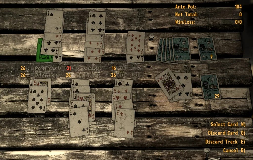 A screenshot from a game of Caravan. Cards are laid out on the table in rows, with the HUD of Fallou New Vegas giving controls and scores for each row.