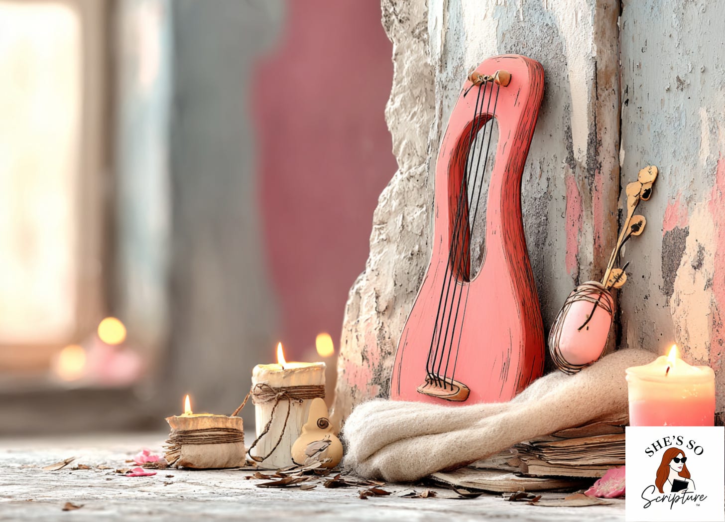 A worn ancient lyre resting against rough stone in warm candlelight, with deep shadows and rich gold and plum tones evoking a mood of reverent beauty. A worn ancient lyre resting against rough stone in warm candlelight, with deep shadows and rich gold and plum tones evoking a mood of reverent beauty.