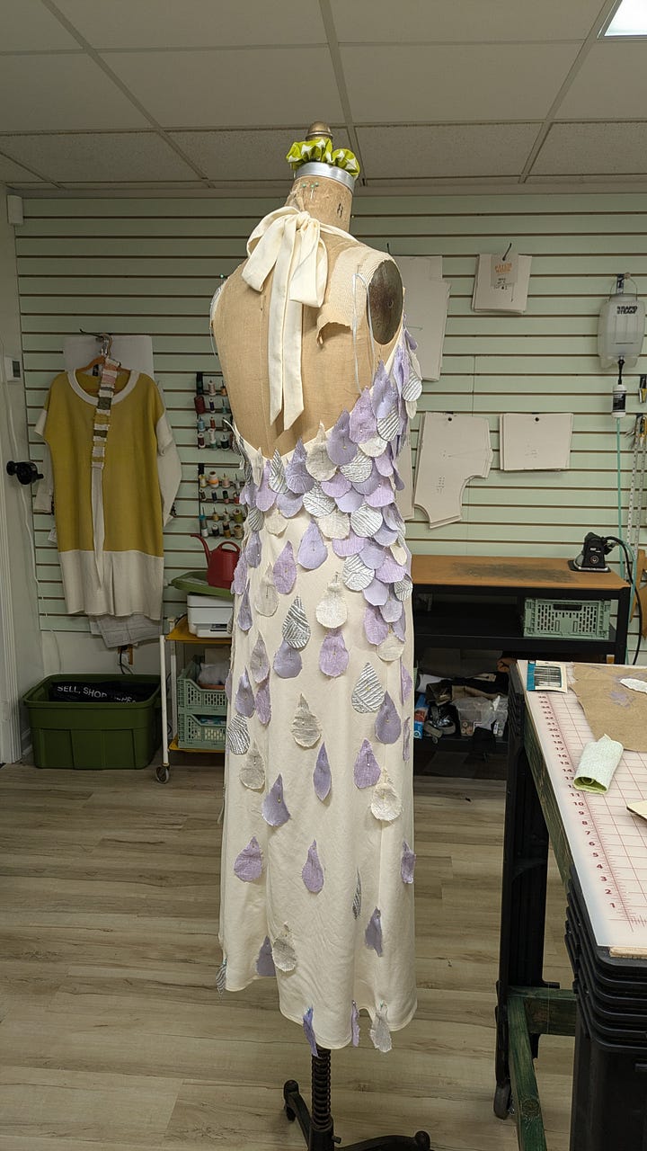 Front and back view of the dress with scales pinned in place