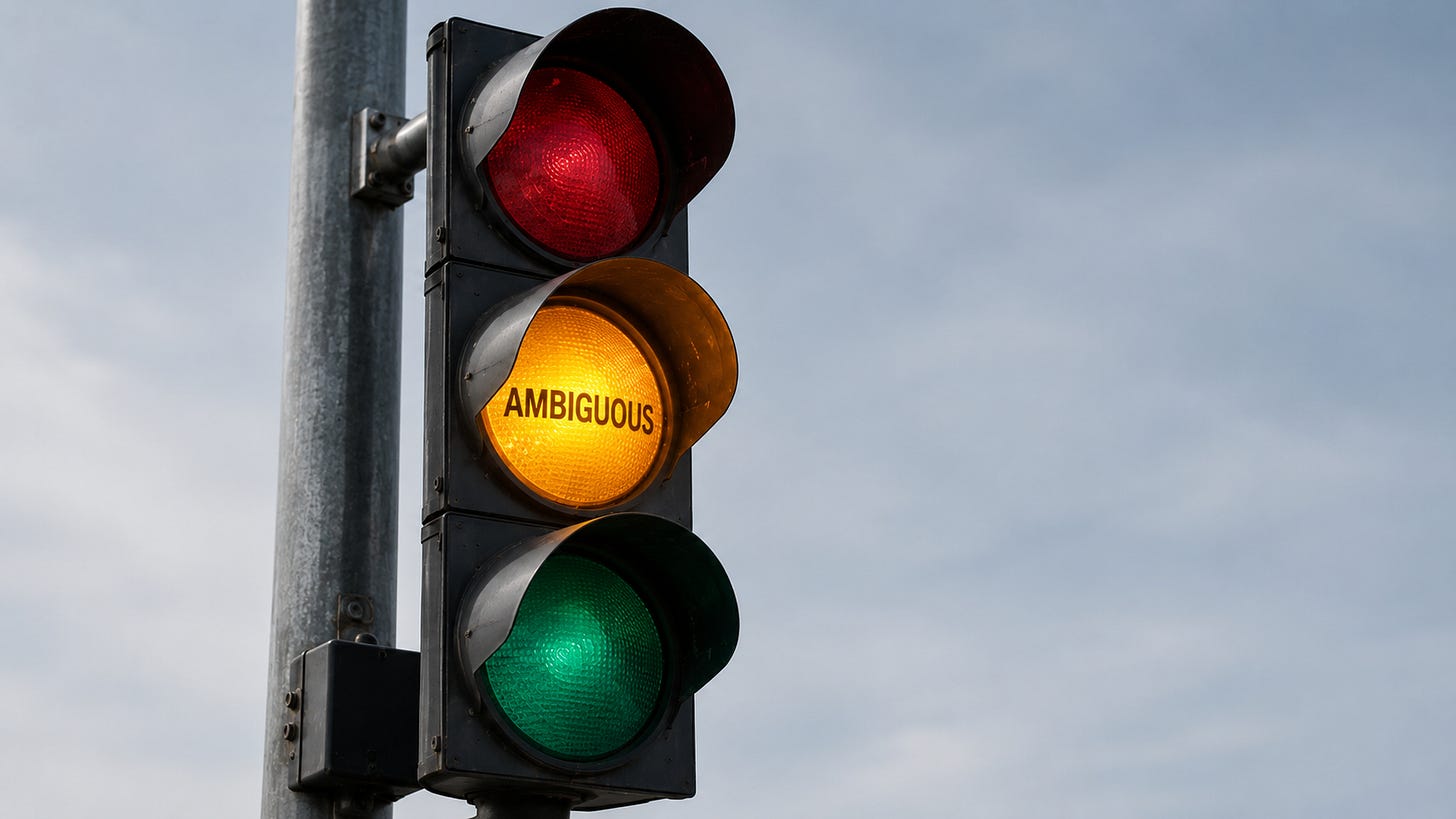 A close-up of a traffic light against a cloudy sky. The red light at the top and green light at the bottom are unlit, while the middle amber light is illuminated and contains the word "AMBIGUOUS" in bold black capital letters, visually suggesting uncertainty rather than a clear stop-or-go decision.