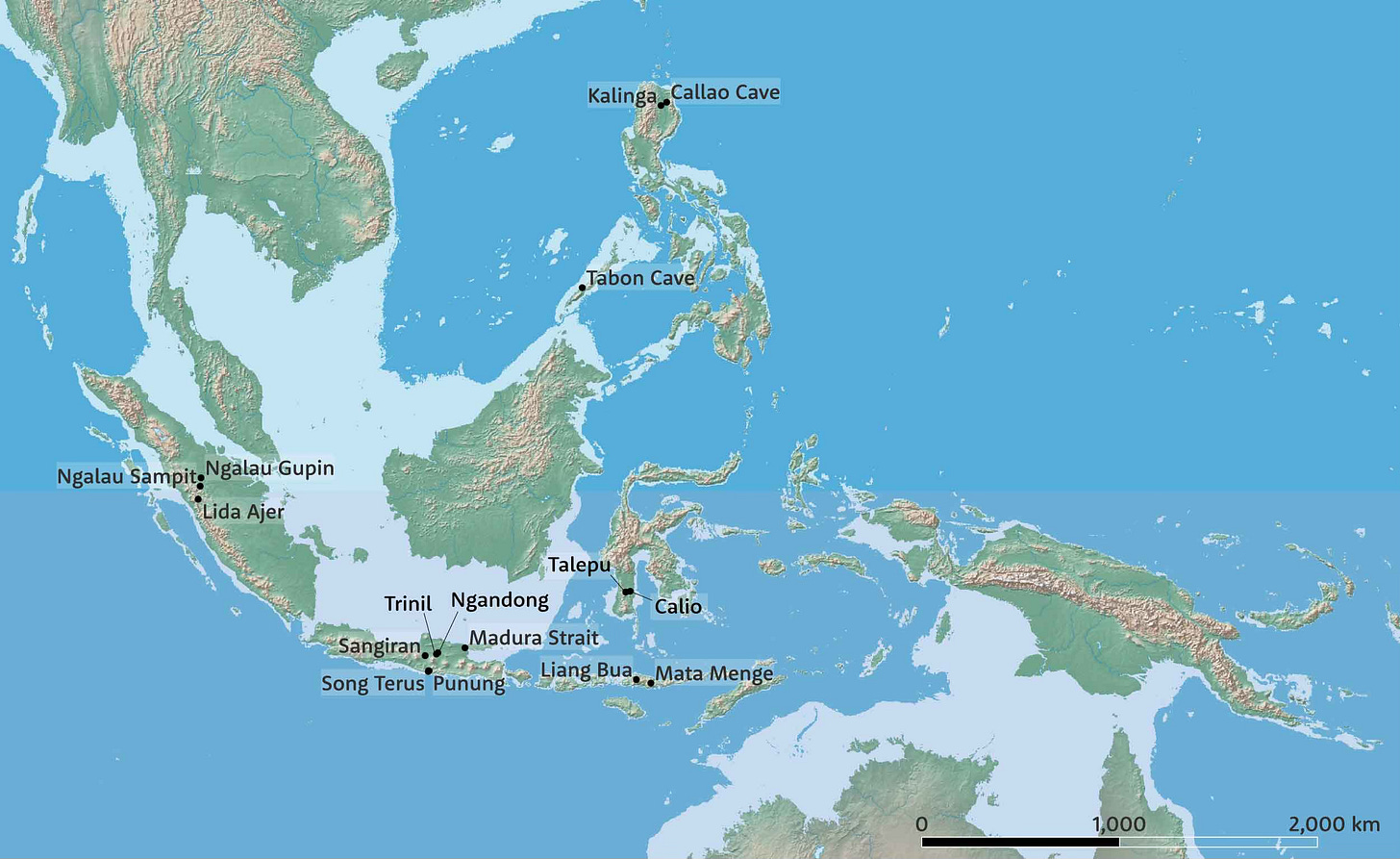 Map of island Southeast Asia showing locations of fossil hominin and archaeological sites Map of island Southeast Asia showing locations of fossil hominin and archaeological sites