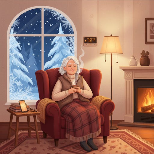 Senior woman sitting in front of a window showing snow outside wearing a blanket. Thermostat set to 72 degrees. Senior woman sitting in front of a window showing snow outside wearing a blanket. Thermostat set to 72 degrees.