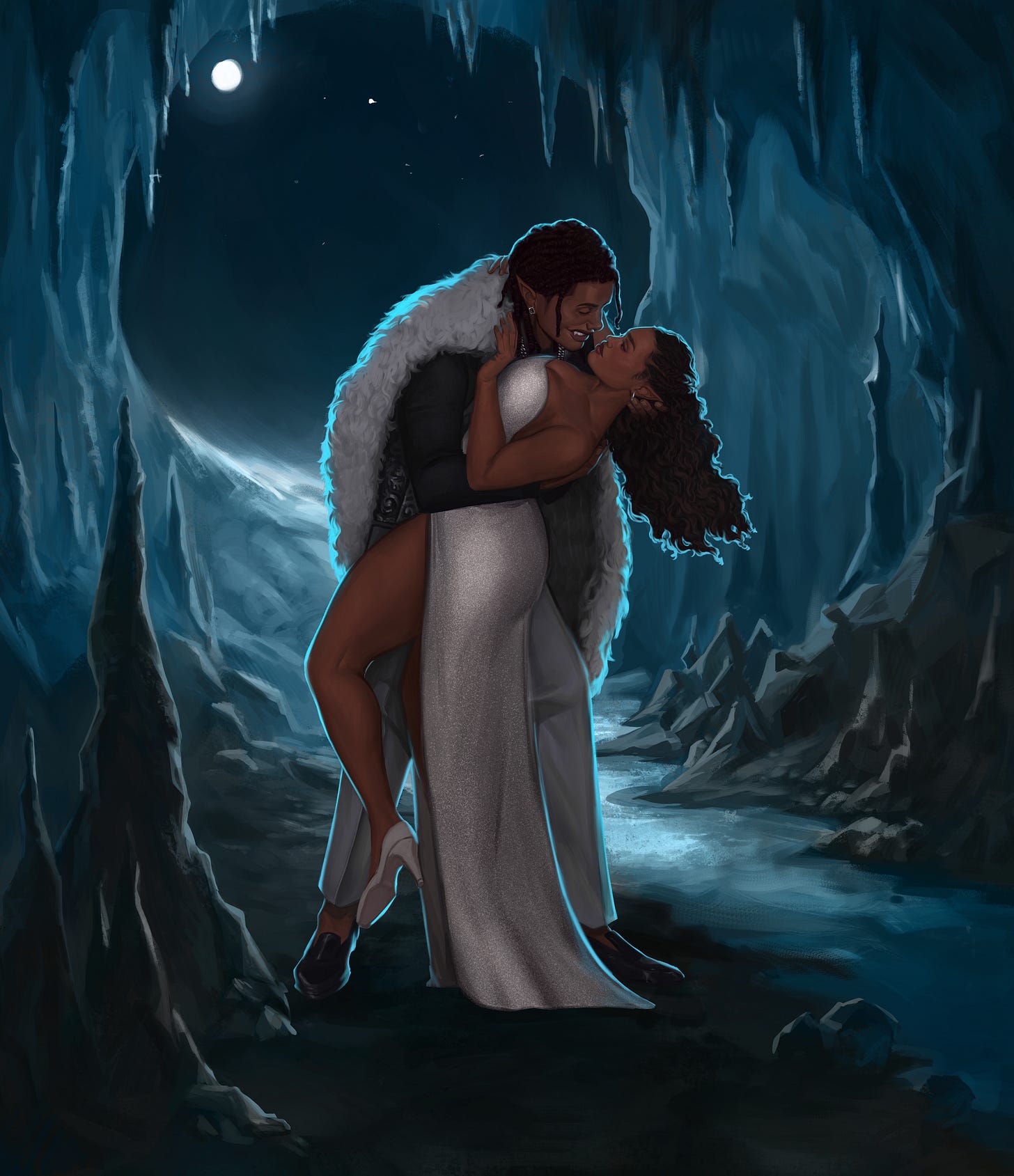 Kadeesha and Malachi, the protagonists in OUR VICIOUS OATHS. They are standing in a moonlit cave embracing. Malachi is grinning and flashing his fangs and grill.