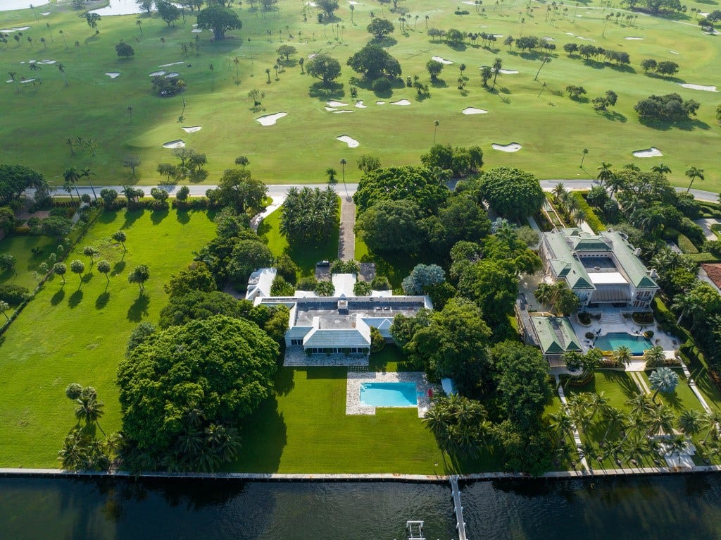 Aerial view of Jeff Bezos' $68 million property on Indian Creek Island, Miami.
