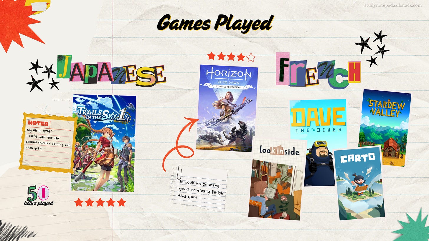 A collage of games played in the languages Japanese (Legend of hereos trails in the sky 1st chapter) and french (stardew valley, horizon zero dawn, dave the diver, carto and look inside) A collage of games played in the languages Japanese (Legend of hereos trails in the sky 1st chapter) and french (stardew valley, horizon zero dawn, dave the diver, carto and look inside)