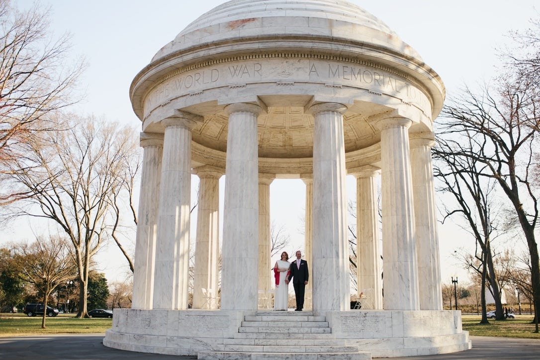 Photo of Erika Bolstad and Chris Waldmann on their wedding day at the District of Columbia War Memorial, March 23, 2013. 