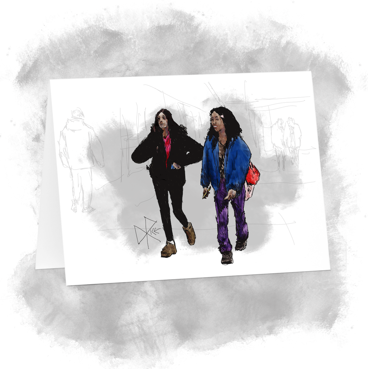 Two teens happily chat to each other while walking through a mall, as both reassuringly finger their online communication devices. Sketch art by Don Rice.