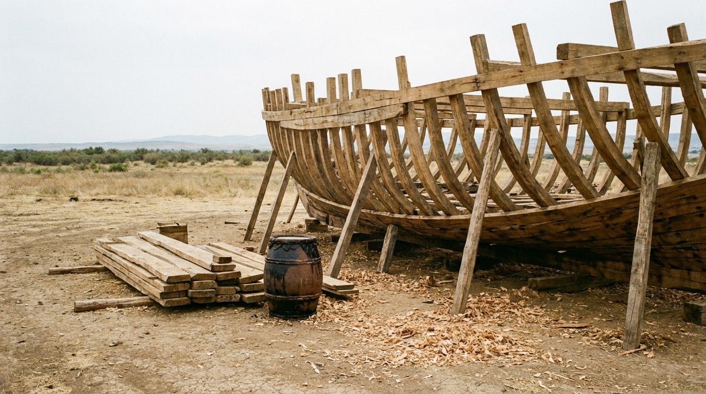 The wooden frame of a huge boat under construction on dry ground, bare timber ribs and hull rising against a warm overcast sky, stacks of cut planks and a barrel of dark pitch nearby, open grassland to the horizon, no water, no people, no faces, no text The wooden frame of a huge boat under construction on dry ground, bare timber ribs and hull rising against a warm overcast sky, stacks of cut planks and a barrel of dark pitch nearby, open grassland to the horizon, no water, no people, no faces, no text