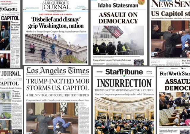 January 7, 2021: Newspaper Front Pages the Day After the Attack on the U.S. Capitol. Teach Democracy. CC (BY-NC-ND) January 7, 2021: Newspaper Front Pages the Day After the Attack on the U.S. Capitol. Teach Democracy. CC (BY-NC-ND)