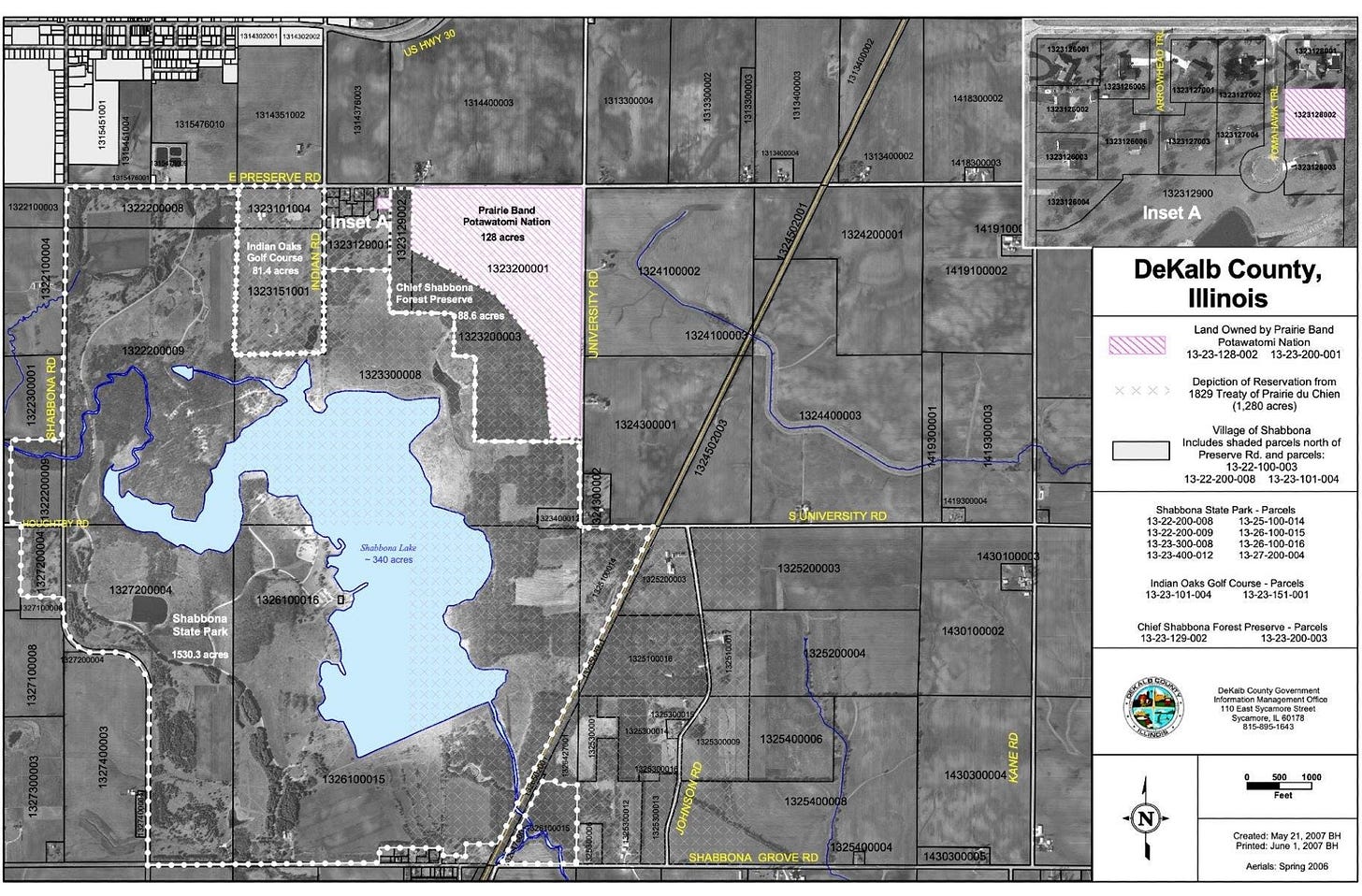 Image of the land awarded to the Prairie Band Potawatomi Nation shows Shabbona Lake and environs, along with the small parcel awarded to the tribal nation in the upper northeast corner of the lake. Image of the land awarded to the Prairie Band Potawatomi Nation shows Shabbona Lake and environs, along with the small parcel awarded to the tribal nation in the upper northeast corner of the lake.