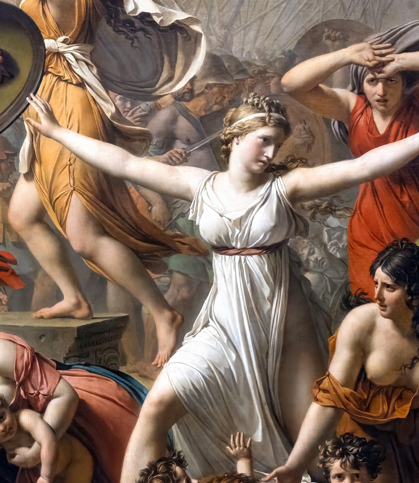 Jacques Louis David, The Intervention of the Sabine Women, 1799, Louvre, Paris. Detail: Hersilia between the two kings. Jacques Louis David, The Intervention of the Sabine Women, 1799, Louvre, Paris. Detail: Hersilia between the two kings.