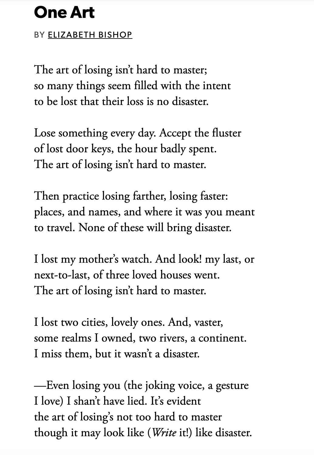 r/Poetry - [POEM] One Art, by Elizabeth Bishop