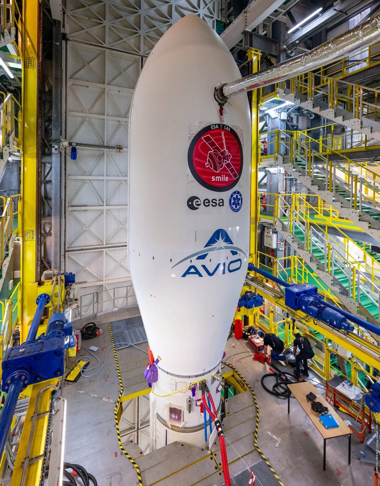 The fairing of the Vega-C rocket, with SMILE inside, on its launch pad at the Guiana Space Center in French Guiana, in April 2026. The fairing of the Vega-C rocket, with SMILE inside, on its launch pad at the Guiana Space Center in French Guiana, in April 2026.
