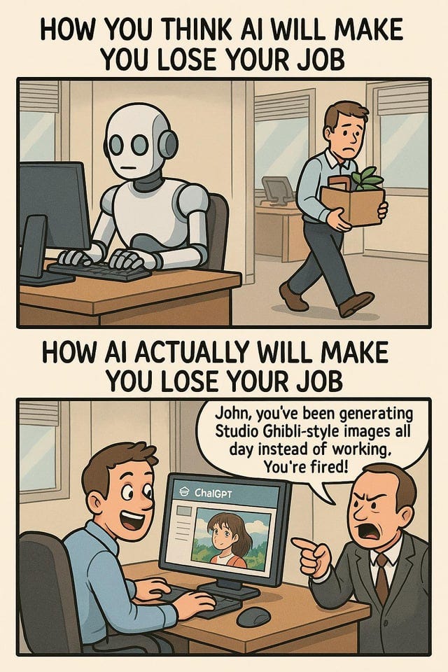 A two-panel comic contrasting perceptions about AI causing job loss versus the reality of AI misuse at work.