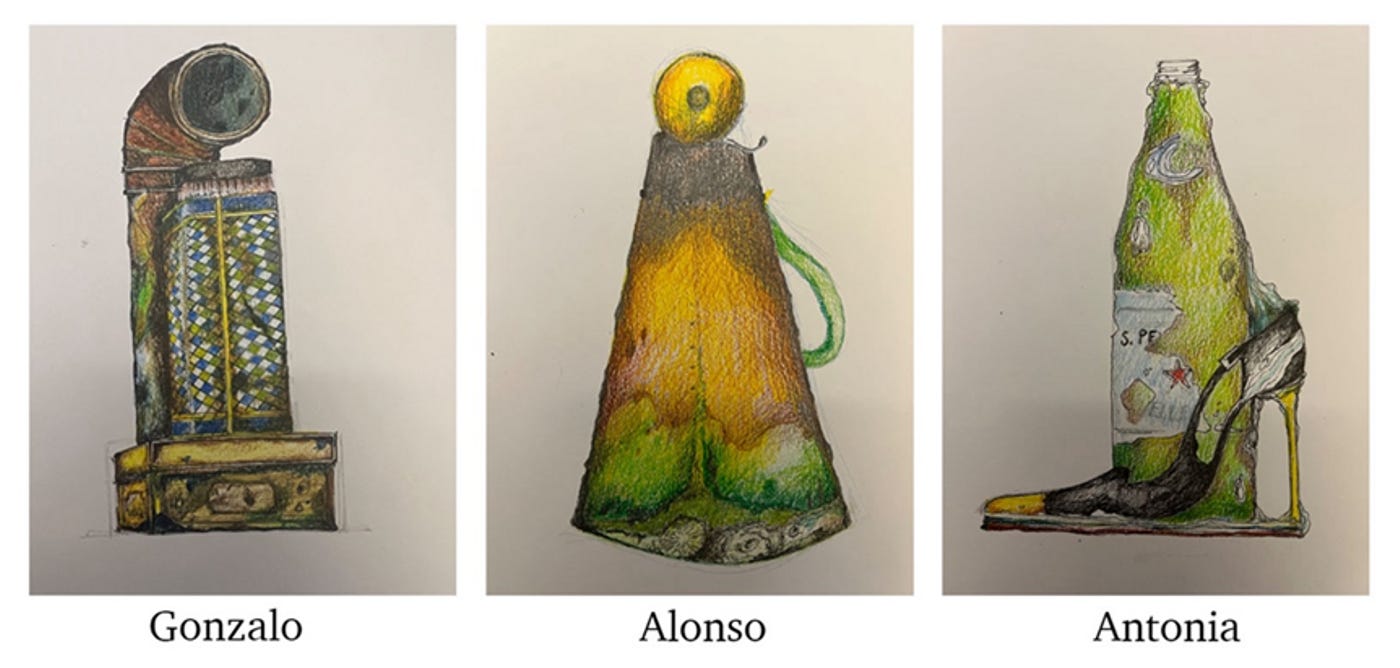 Three coloured drawings of props for The Tempest with the names Gonzalo, Alonso and Antonio.