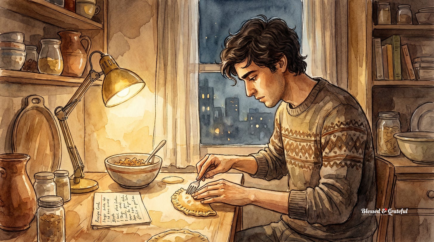 A young Argentine man sealing empanadas alone in a Madrid apartment kitchen at night A young Argentine man sealing empanadas alone in a Madrid apartment kitchen at night
