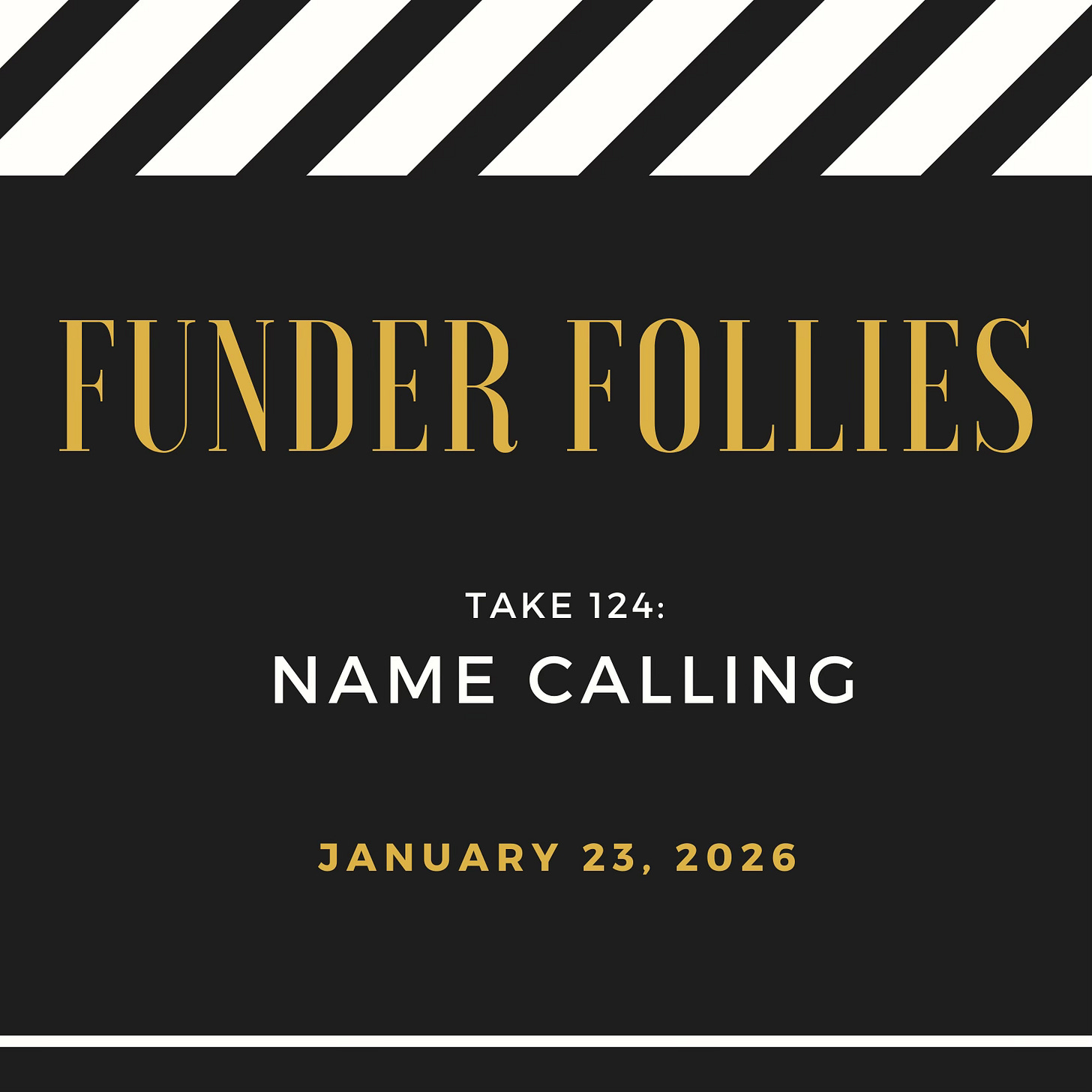 Black and white Funder Follies posts on the fundraising perils of small nonprofits starts with an image from the movies: a black and white film clapper board showing Take #124: Name Calling, published January 23, 2026