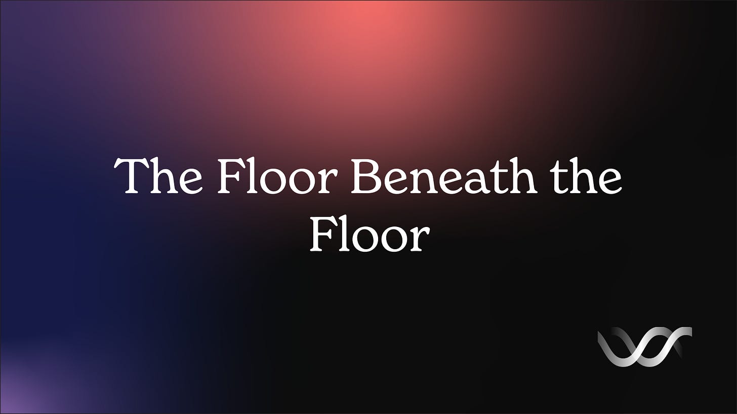 Black, coral, purple, and navy gradient cover with the white title “The Floor Beneath the Floor” centered across two lines and the Sacred Loop logo in the lower-right corner.