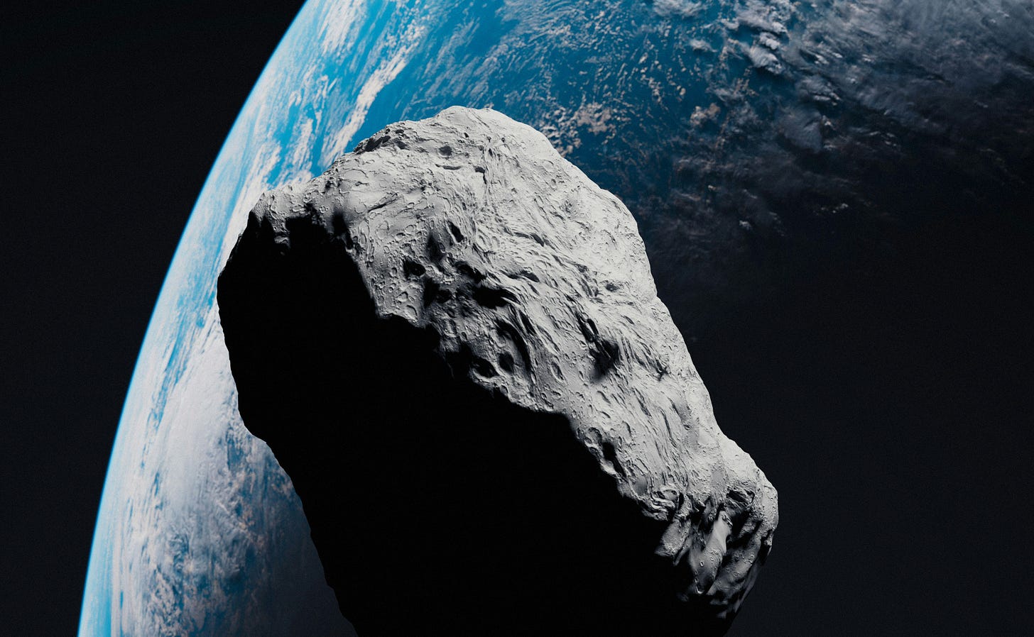 a 3D render of an asteroid over the Earth. 