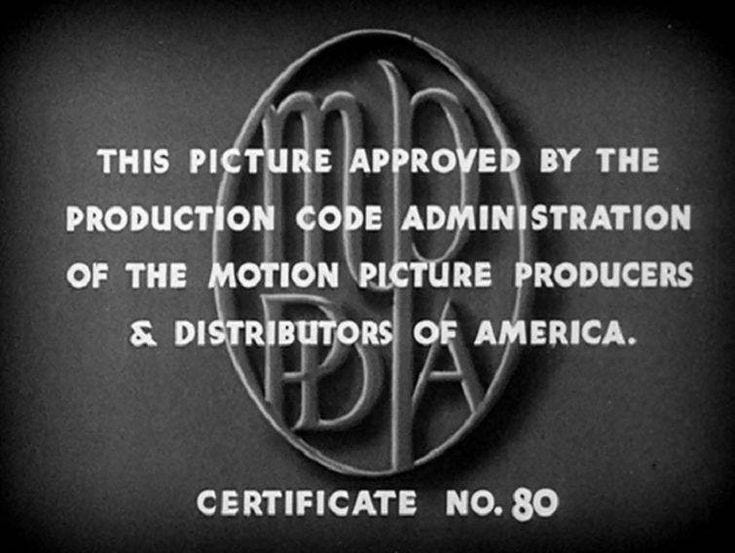 This may contain: an old black and white logo with the words,'this picture approved by the production code