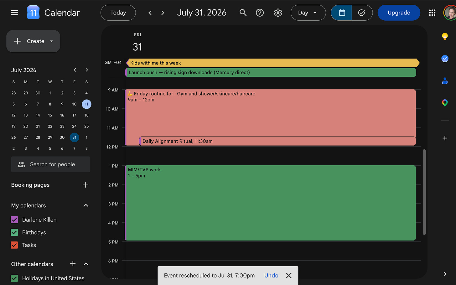 The Visible Practitioner screenshot for the Brain Offload Method, July 12, 2026. A color-coded Google Calendar day with yellow for kids, green for income work, and pink for personal routines, representing the plan delivered to you at a glance.