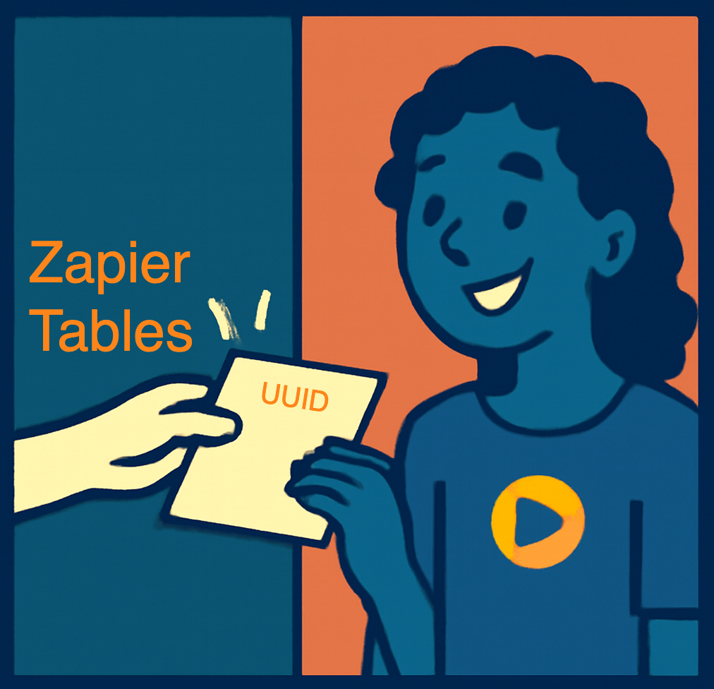 Cartoon illustration showing the solution to the API communication problem. A hand from the left labeled 'Zapier Tables' is handing a simple, clean piece of paper with 'UUID' written on it to a smiling person wearing a shirt with the BQE Core logo. The person now looks happy and satisfied, representing how BQE Core can successfully process the data when it's presented as plain text through Zapier Tables rather than wrapped in complex JSON formattingSplit-panel cartoon illustration showing the technical communication problem described in the article. Left panel shows a hand offering a wrapped gift box labeled 'JSON' with UUID strings visible, representing Zapier's complex data packaging. Right panel shows a confused person with the BQE Core logo on their shirt, representing the software's inability to process the over-formatted data. The illustration visualizes how Zapier was sending UUIDs wrapped in JSON formatting when BQE Core expected plain text.