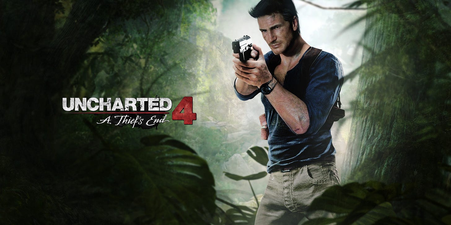 Image shows a male video game character pointing a gun out of shot, with the text "Uncharted 4: A Thief's End"