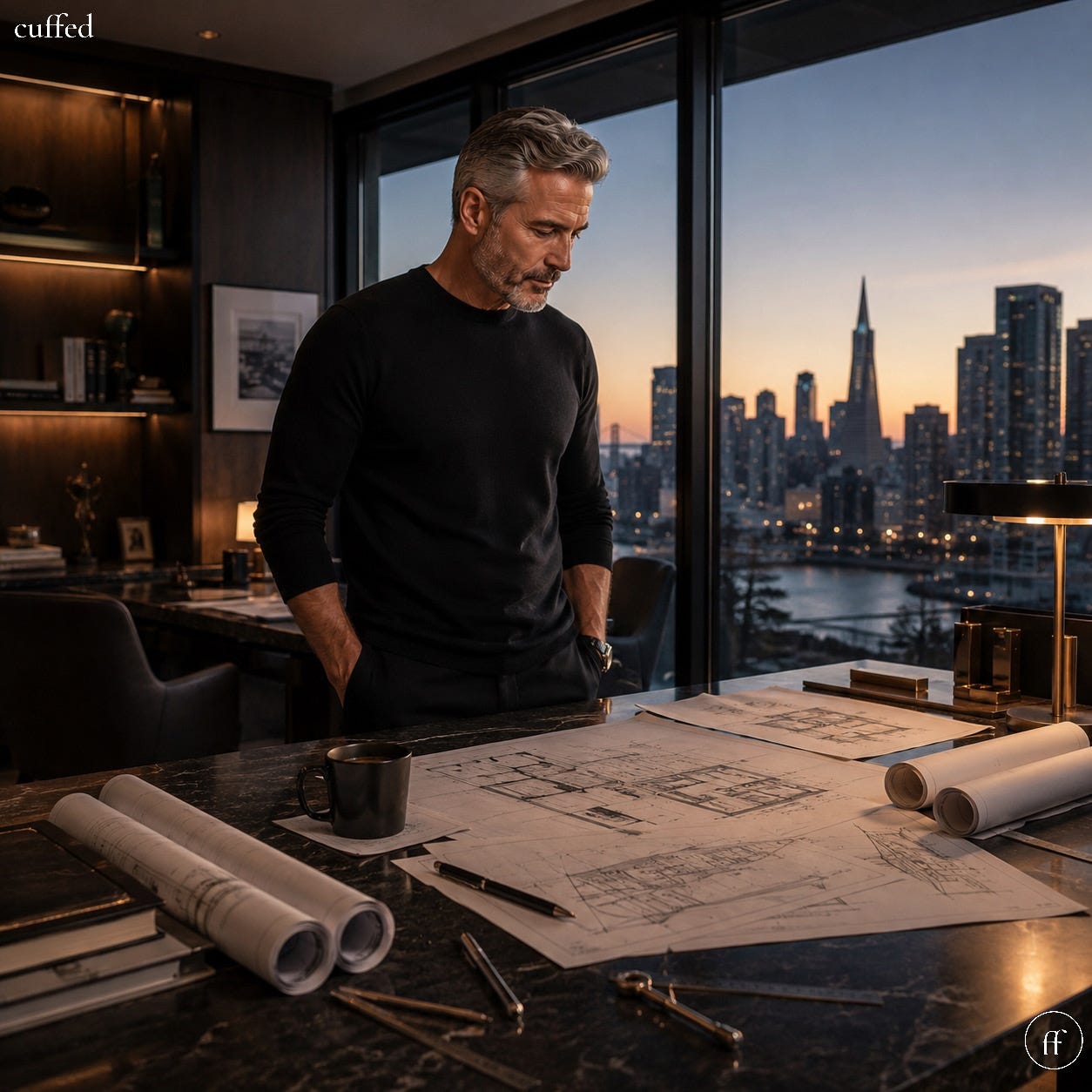 a grounded man in a black sweater stands over architectural blueprints spread across a marble desk at dusk. city skyline visible through floor-to-ceiling windows behind him. warm ambient light. mood: masculine introspection, stillness, deliberate. lowercase black serif "cuffed" top-left. fused ff logo bottom-right. cuffed musing no. 114 — embodiment, architecture of self arc.