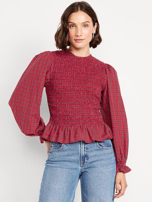 Image number 1 showing, Long-Sleeve Plaid Smocked Top