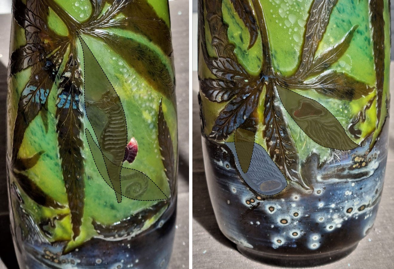 An hypothetical approximate reconstruction of the erased original decor to allow the depiction of the seahorse (left) and a jellyfish and a shell (right), instead of two leaflets and the lower part of the plant's stem as well as another leaflet, respectively. An hypothetical approximate reconstruction of the erased original decor to allow the depiction of the seahorse (left) and a jellyfish and a shell (right), instead of two leaflets and the lower part of the plant's stem as well as another leaflet, respectively.