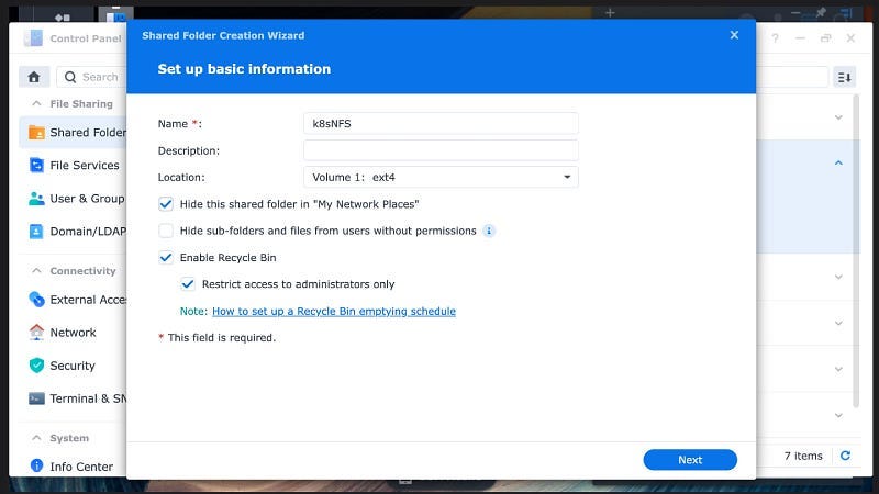 Create a shared folder on synology NAS