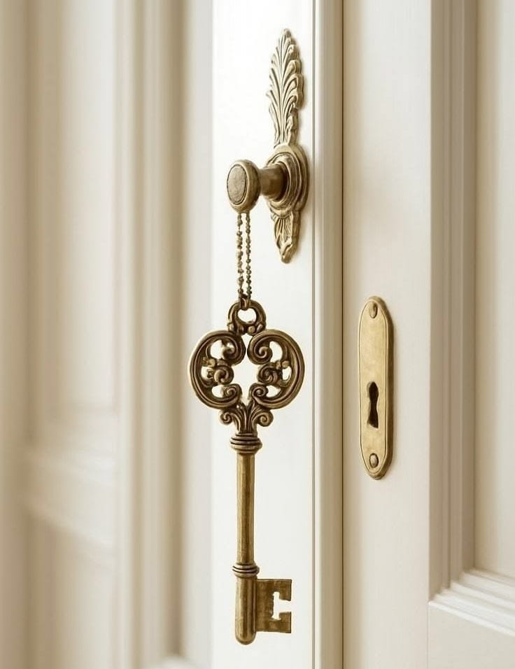 This may contain: an old key is hanging on the door handle